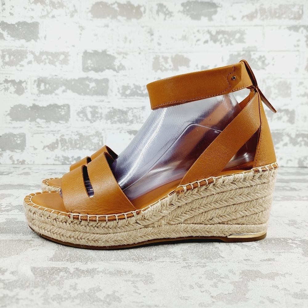 New Franco Sarto Callia Tan Leather Ankle Strap Wedge Sandal T302